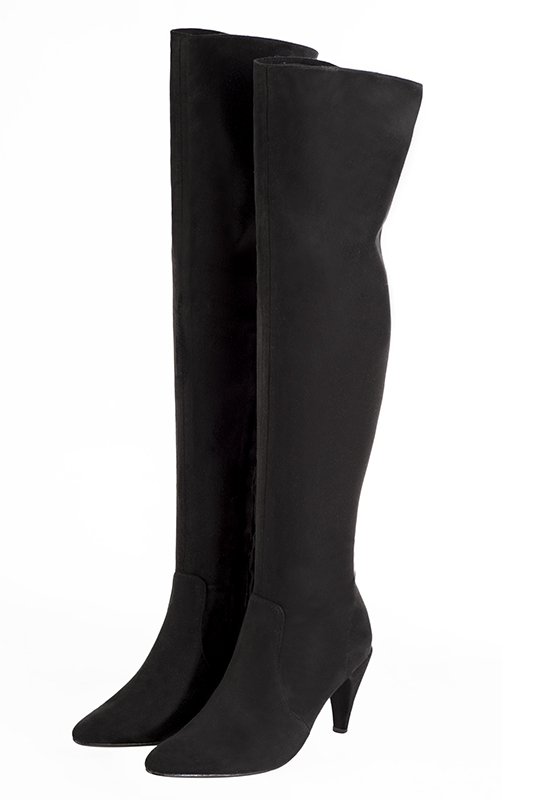 Matt black women's stretch thigh-high boots. Tapered toe. High slim heel. Made to measure. Front view - Florence KOOIJMAN